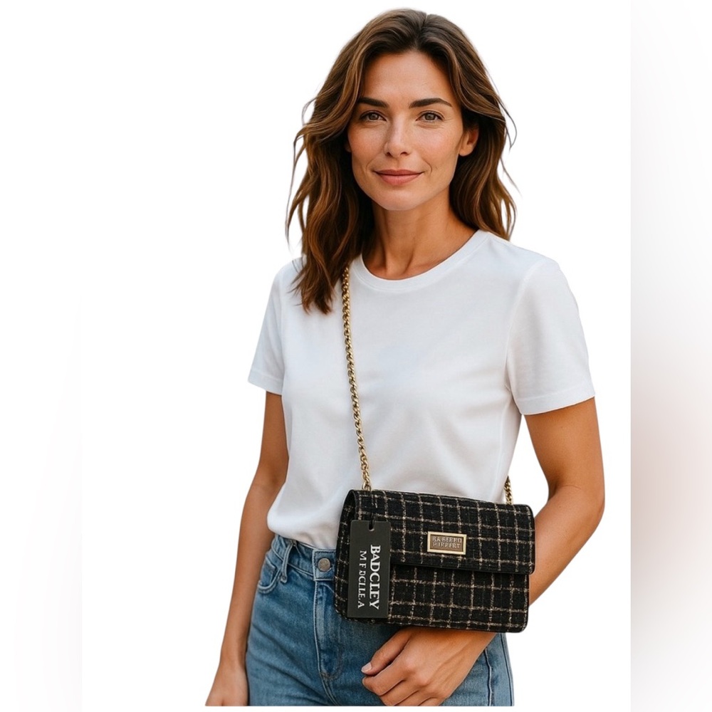 Badgley Mischka Black Multi Tweed and Leather Crossbody Purse